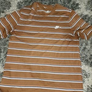 Nike Men's Brown and White Striped Sportswear Tee